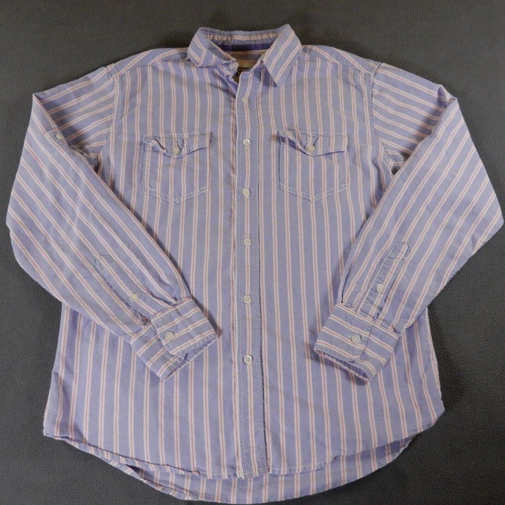 Paper Denim Cloth Womens Shirt Medium Blue Stripe Pockets Cotton Roll Tab Sleeve